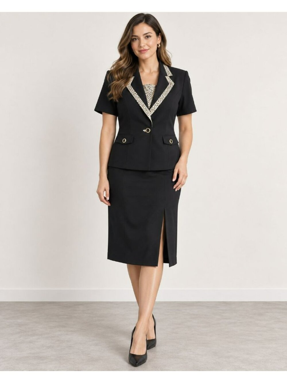 90s Leopard Trim Black Skirt Suit Set Size 8 Mob Wife Y2K Vintage Retro